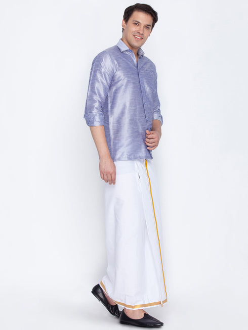 Vastramay Men's Blue Cotton Silk Blend Shirt and Mundu Set